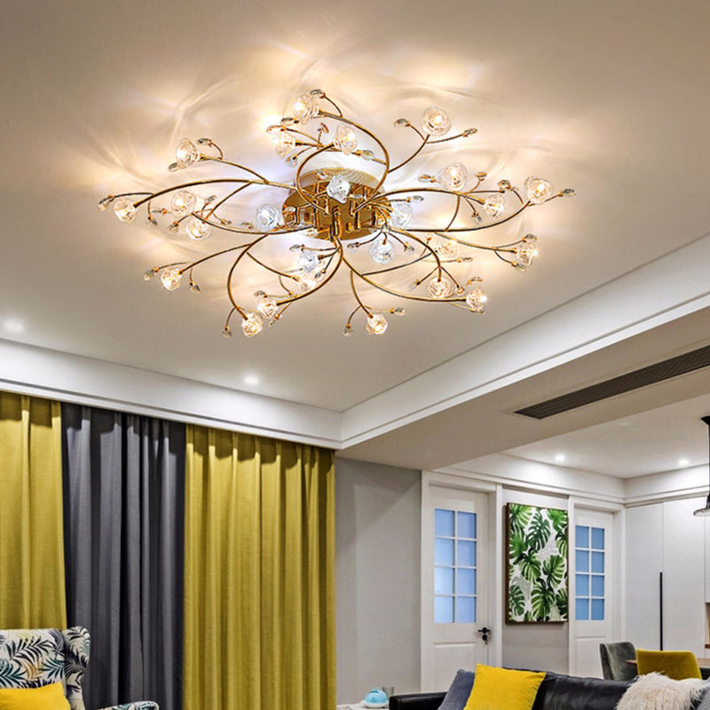 Contemporary Luxury Hardware Crystal Glass Flower Shade Spiral Branch 15/25/30-Light Flush Mount Ceiling Light For Bedroom