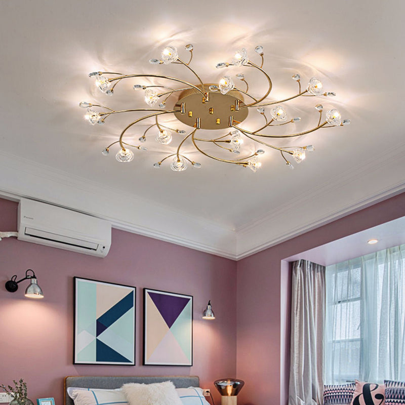 Contemporary Luxury Hardware Crystal Glass Flower Shade Spiral Branch 15/25/30-Light Flush Mount Ceiling Light For Bedroom