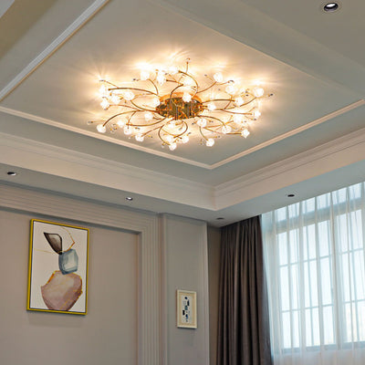 Contemporary Luxury Hardware Crystal Glass Flower Shade Spiral Branch 15/25/30-Light Flush Mount Ceiling Light For Bedroom