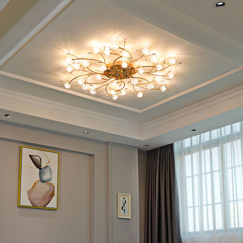 Contemporary Luxury Hardware Crystal Glass Flower Shade Spiral Branch 15/25/30-Light Flush Mount Ceiling Light For Bedroom
