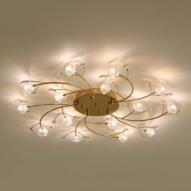 Contemporary Luxury Hardware Crystal Glass Flower Shade Spiral Branch 15/25/30-Light Flush Mount Ceiling Light For Bedroom