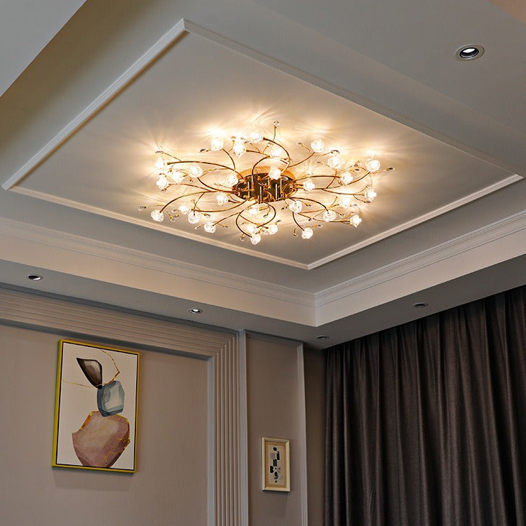 Contemporary Luxury Hardware Crystal Glass Flower Shade Spiral Branch 15/25/30-Light Flush Mount Ceiling Light For Bedroom