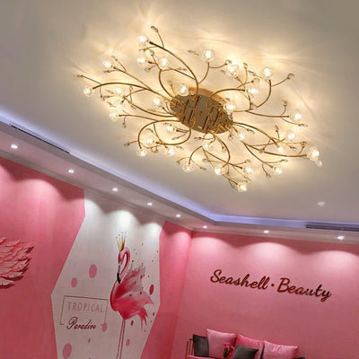 Contemporary Luxury Hardware Crystal Glass Flower Shade Spiral Branch 15/25/30-Light Flush Mount Ceiling Light For Bedroom