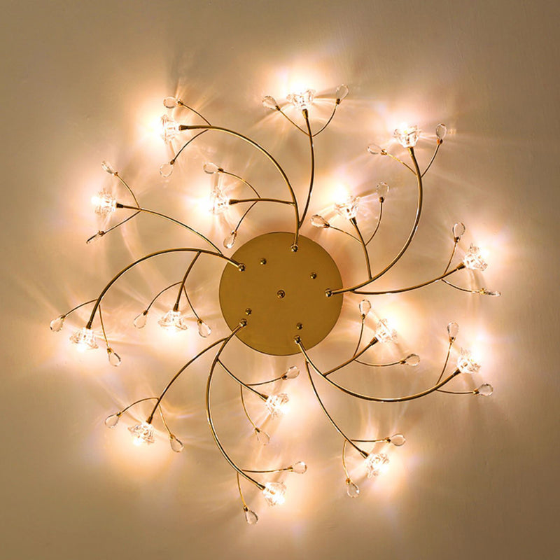 Contemporary Luxury Hardware Crystal Glass Flower Shade Spiral Branch 15/25/30-Light Flush Mount Ceiling Light For Bedroom
