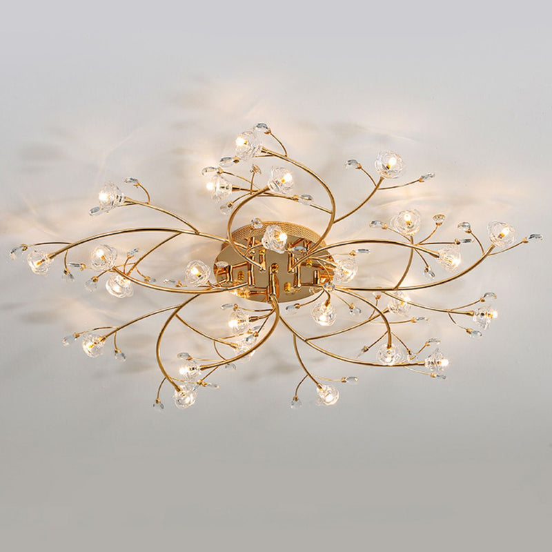 Contemporary Luxury Hardware Crystal Glass Flower Shade Spiral Branch 15/25/30-Light Flush Mount Ceiling Light For Bedroom
