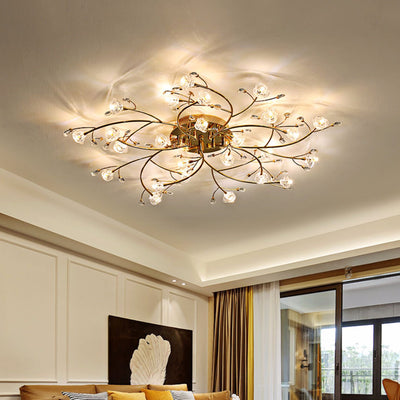 Contemporary Luxury Hardware Crystal Glass Flower Shade Spiral Branch 15/25/30-Light Flush Mount Ceiling Light For Bedroom