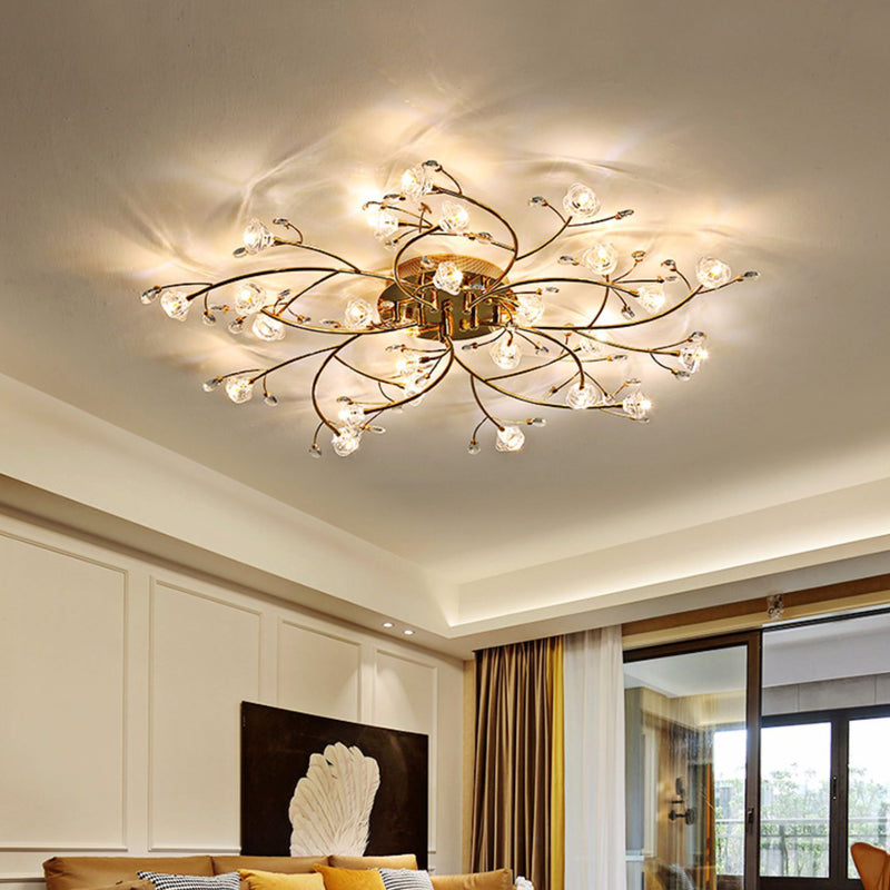Contemporary Luxury Hardware Crystal Glass Flower Shade Spiral Branch 15/25/30-Light Flush Mount Ceiling Light For Bedroom
