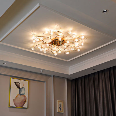 Contemporary Luxury Hardware Crystal Glass Flower Shade Spiral Branch 15/25/30-Light Flush Mount Ceiling Light For Bedroom