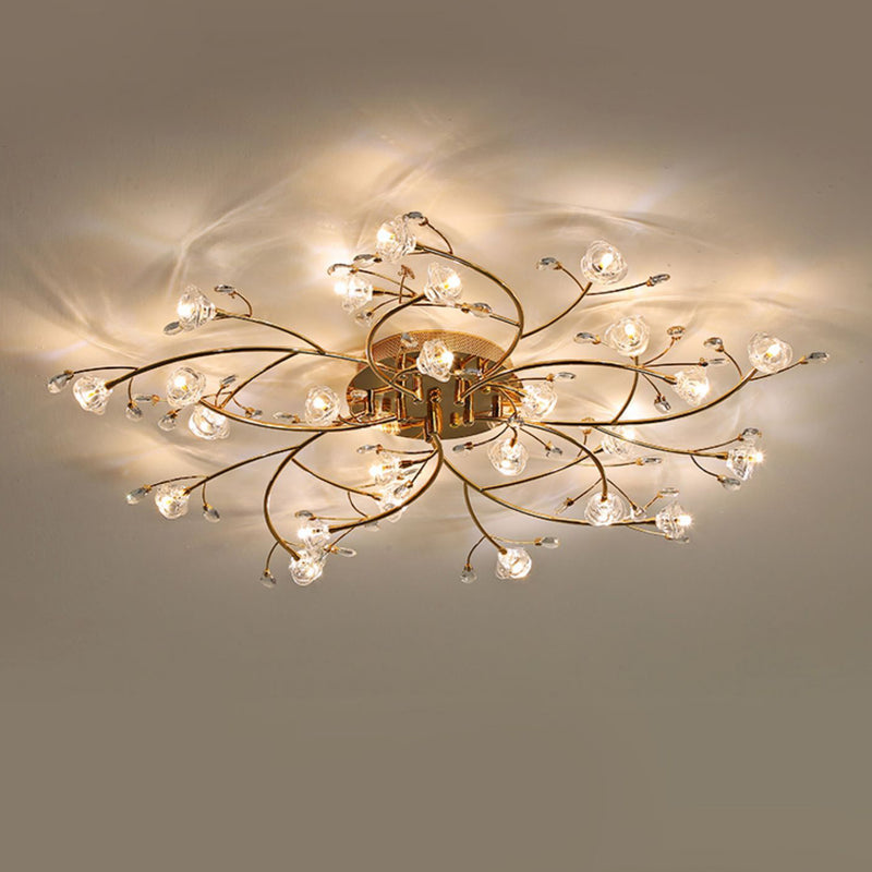 Contemporary Luxury Hardware Crystal Glass Flower Shade Spiral Branch 15/25/30-Light Flush Mount Ceiling Light For Bedroom
