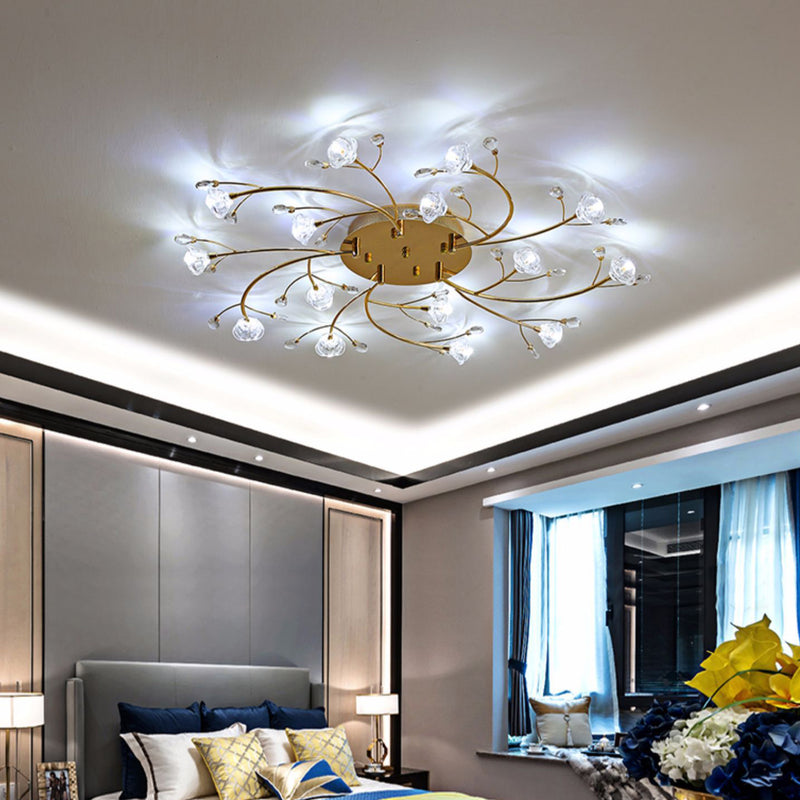 Contemporary Luxury Hardware Crystal Glass Flower Shade Spiral Branch 15/25/30-Light Flush Mount Ceiling Light For Bedroom