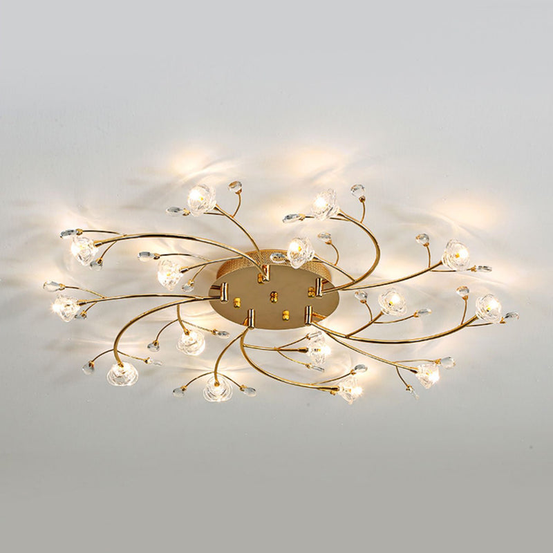 Contemporary Luxury Hardware Crystal Glass Flower Shade Spiral Branch 15/25/30-Light Flush Mount Ceiling Light For Bedroom