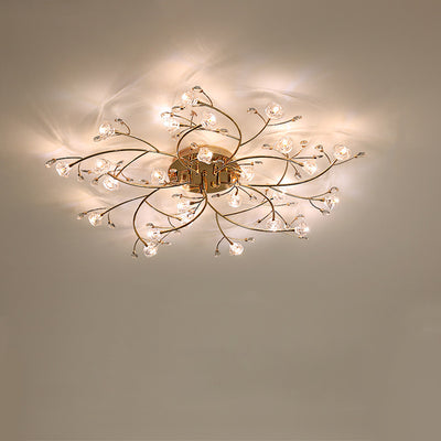 Contemporary Luxury Hardware Crystal Glass Flower Shade Spiral Branch 15/25/30-Light Flush Mount Ceiling Light For Bedroom