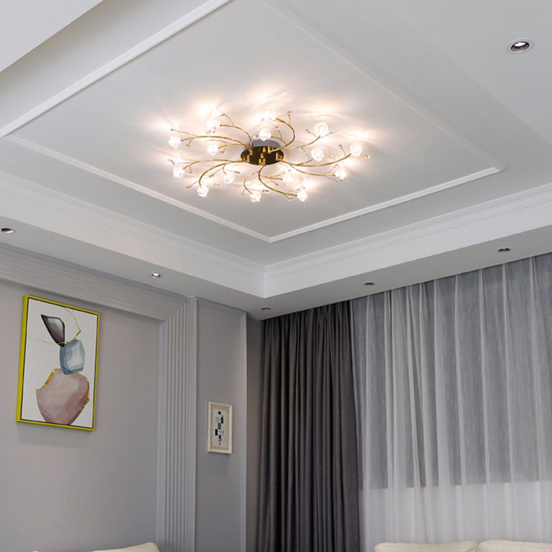 Contemporary Luxury Hardware Crystal Glass Flower Shade Spiral Branch 15/25/30-Light Flush Mount Ceiling Light For Bedroom