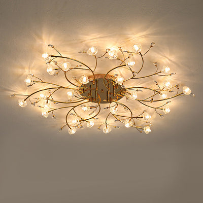 Contemporary Luxury Hardware Crystal Glass Flower Shade Spiral Branch 15/25/30-Light Flush Mount Ceiling Light For Bedroom