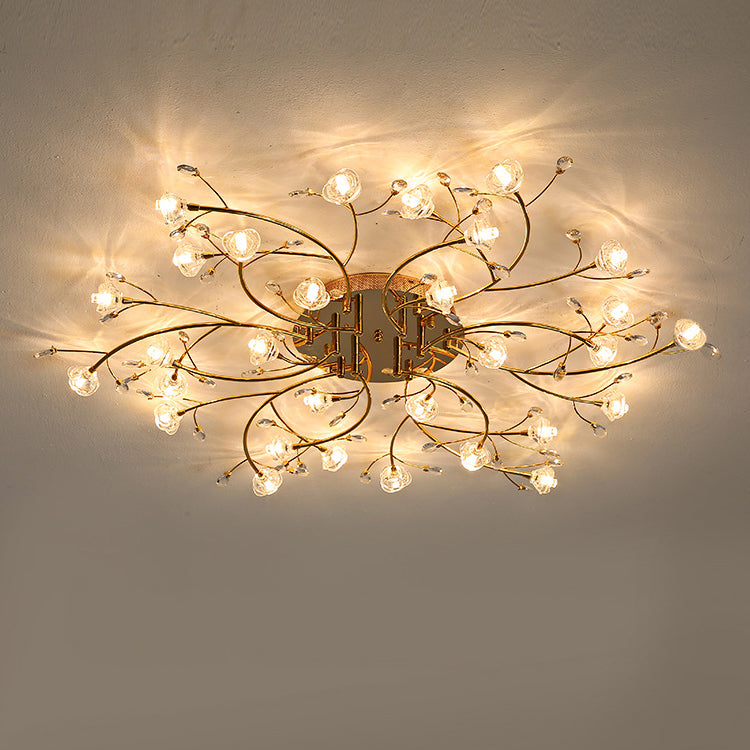 Contemporary Luxury Hardware Crystal Glass Flower Shade Spiral Branch 15/25/30-Light Flush Mount Ceiling Light For Bedroom