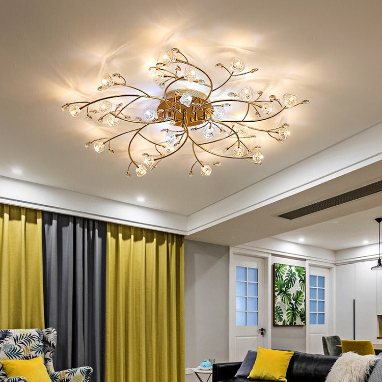 Contemporary Luxury Hardware Crystal Glass Flower Shade Spiral Branch 15/25/30-Light Flush Mount Ceiling Light For Bedroom