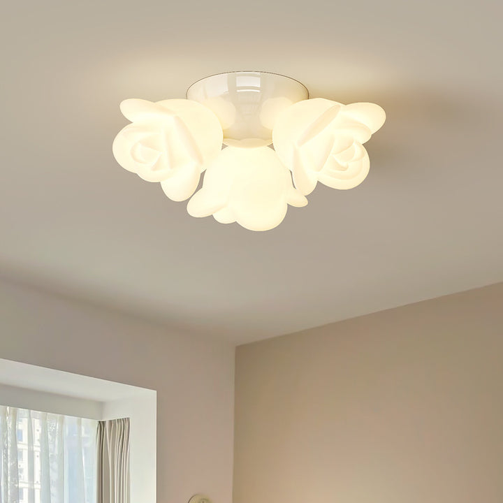Contemporary Creative Cream Floral Iron PE 3-Light Semi-Flush Mount Ceiling Light For Bedroom