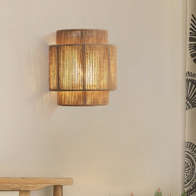 Contemporary Boho Iron Hemp Rope Half Cylinder 1-Light Wall Sconce Lamp For Bedroom
