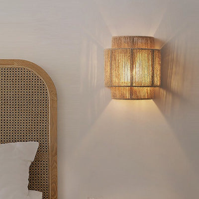 Contemporary Boho Iron Hemp Rope Half Cylinder 1-Light Wall Sconce Lamp For Bedroom