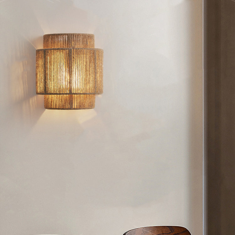 Contemporary Boho Iron Hemp Rope Half Cylinder 1-Light Wall Sconce Lamp For Bedroom