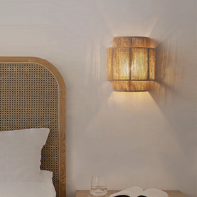 Contemporary Boho Iron Hemp Rope Half Cylinder 1-Light Wall Sconce Lamp For Bedroom
