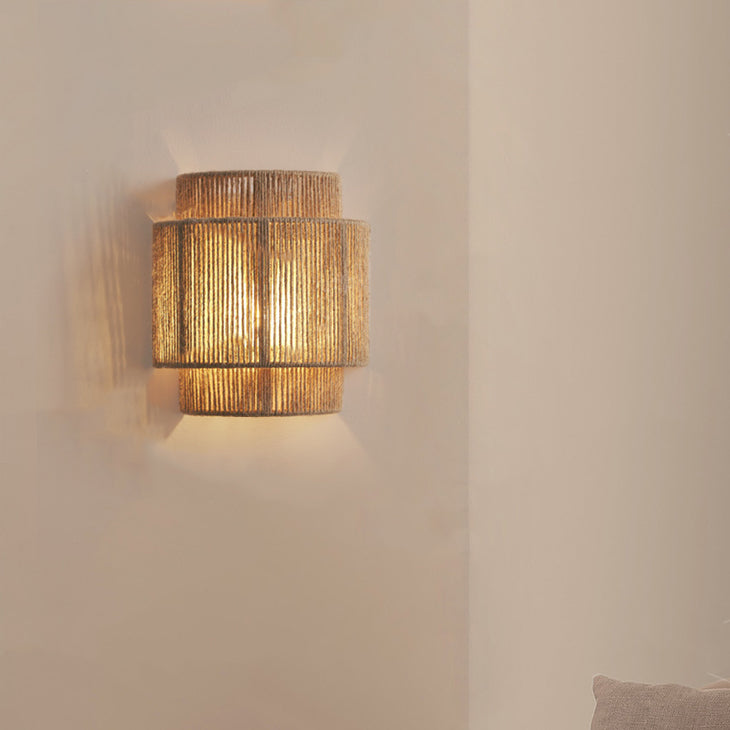 Contemporary Boho Iron Hemp Rope Half Cylinder 1-Light Wall Sconce Lamp For Bedroom