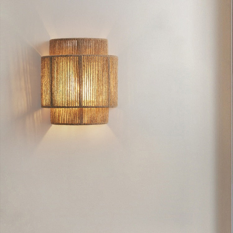Contemporary Boho Iron Hemp Rope Half Cylinder 1-Light Wall Sconce Lamp For Bedroom