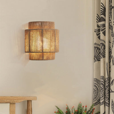 Contemporary Boho Iron Hemp Rope Half Cylinder 1-Light Wall Sconce Lamp For Bedroom