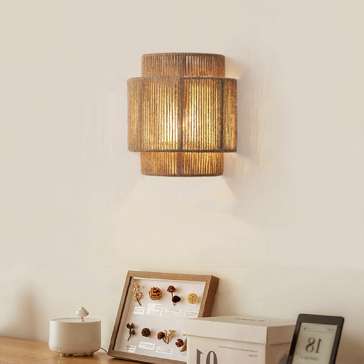 Contemporary Boho Iron Hemp Rope Half Cylinder 1-Light Wall Sconce Lamp For Bedroom