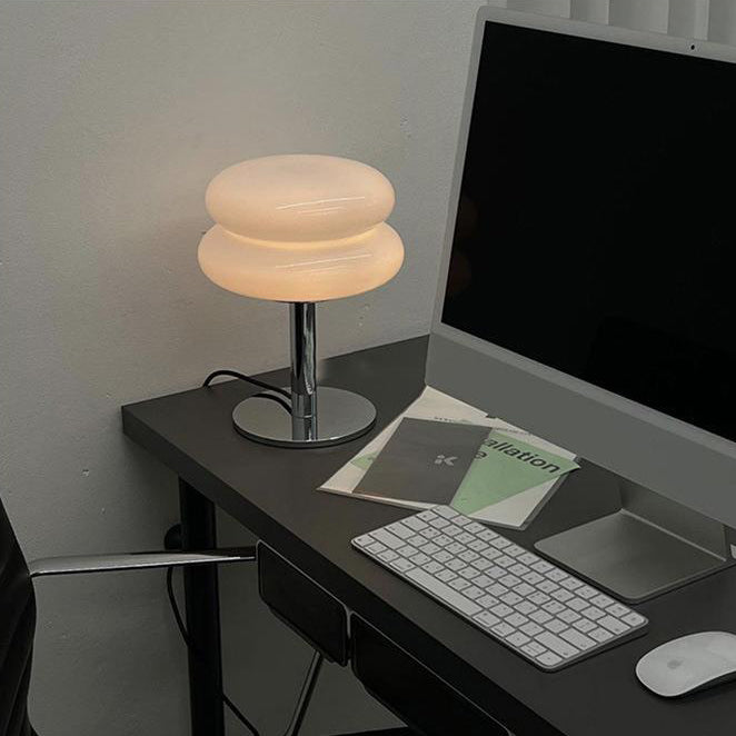 Moderne minimalistische Doppelschicht-Kuchenform Glas Eisen 1-Licht Tischlampe für das Schlafzimmer 