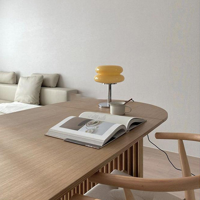 Moderne minimalistische Doppelschicht-Kuchenform Glas Eisen 1-Licht Tischlampe für das Schlafzimmer 