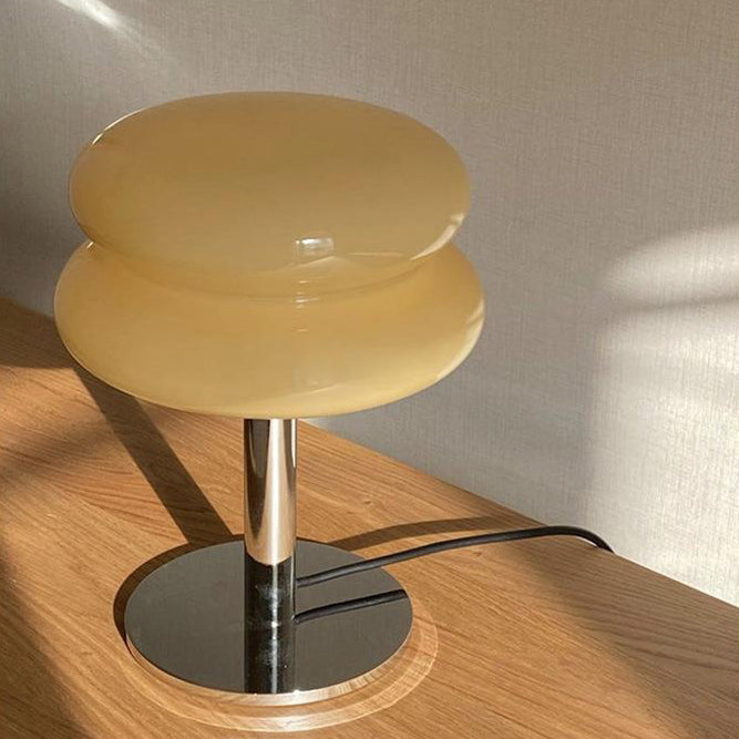 Moderne minimalistische Doppelschicht-Kuchenform Glas Eisen 1-Licht Tischlampe für das Schlafzimmer 