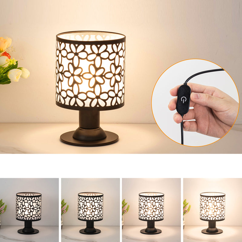 Zeitgenössische kreative Eisenstoffzylinder-Blumenmuster-USB-LED-Tischlampe für das Schlafzimmer 