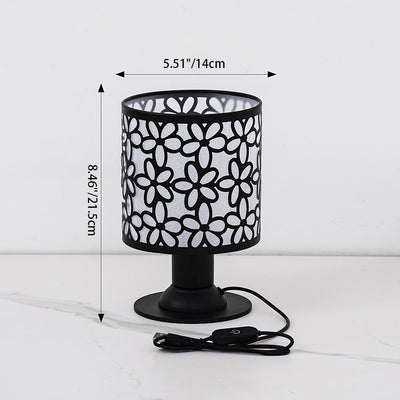 Zeitgenössische kreative Eisenstoffzylinder-Blumenmuster-USB-LED-Tischlampe für das Schlafzimmer 