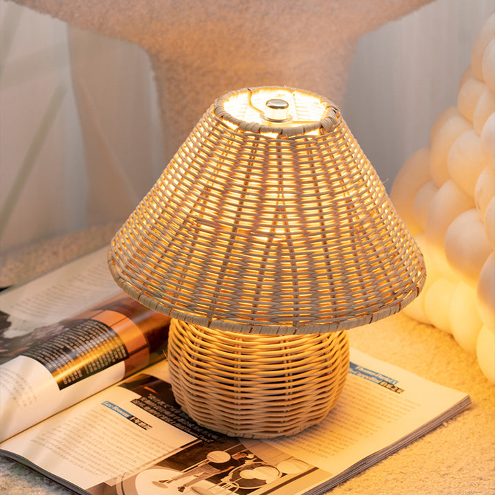 مصباح طاولة LED USB حديدي على شكل مخروط قاعدة كرة يابانية تقليدية بحبل قنب من الخيزران لغرفة النوم 