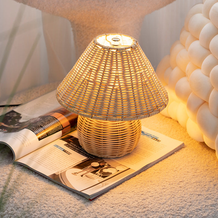 مصباح طاولة LED USB حديدي على شكل مخروط قاعدة كرة يابانية تقليدية بحبل قنب من الخيزران لغرفة النوم 