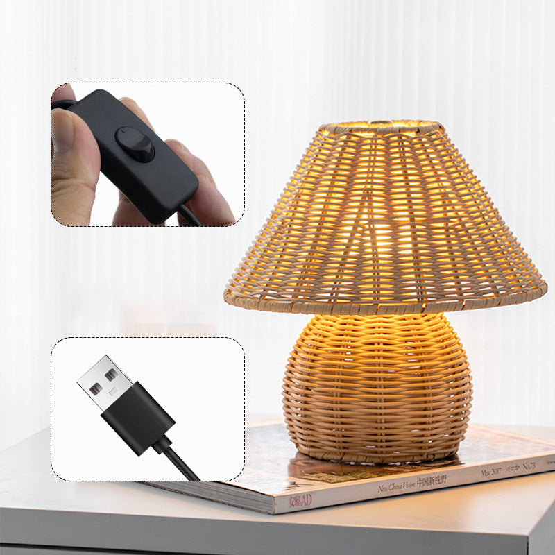 مصباح طاولة LED USB حديدي على شكل مخروط قاعدة كرة يابانية تقليدية بحبل قنب من الخيزران لغرفة النوم 