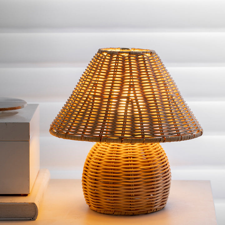 مصباح طاولة LED USB حديدي على شكل مخروط قاعدة كرة يابانية تقليدية بحبل قنب من الخيزران لغرفة النوم 