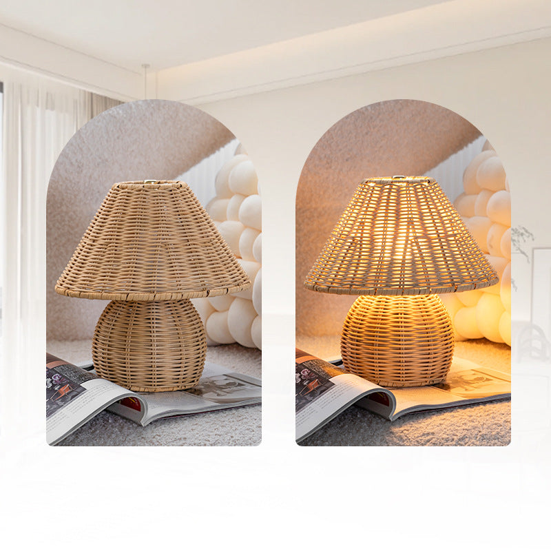 مصباح طاولة LED USB حديدي على شكل مخروط قاعدة كرة يابانية تقليدية بحبل قنب من الخيزران لغرفة النوم 
