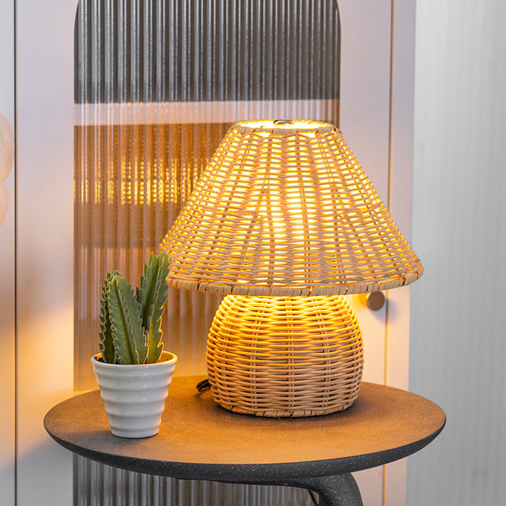 مصباح طاولة LED USB حديدي على شكل مخروط قاعدة كرة يابانية تقليدية بحبل قنب من الخيزران لغرفة النوم 