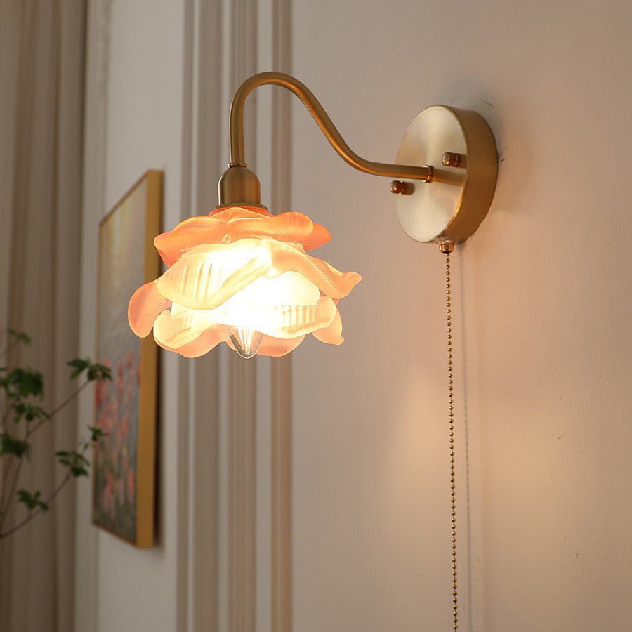 Applique Murale Contemporaine Créative en Laiton avec Fleurs en Forme de Rose, Méduse et Verre à 1 Lumière pour Chambre 