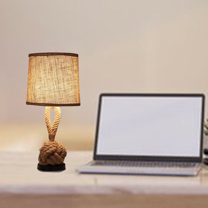 Contemporary Retro Drum Shape Twisted Rope Linen Iron 1-Light Table Lamp For Bedroom