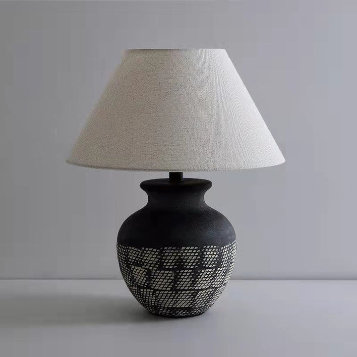 Traditional Japanese Drum Shape Vase Base Ceramic Linen 1-Light Table Lamp For Bedroom