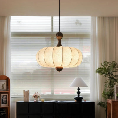 Tela retro contemporánea imitación seda madera forma de calabaza lámpara colgante de 3/5 luces para sala de estar 