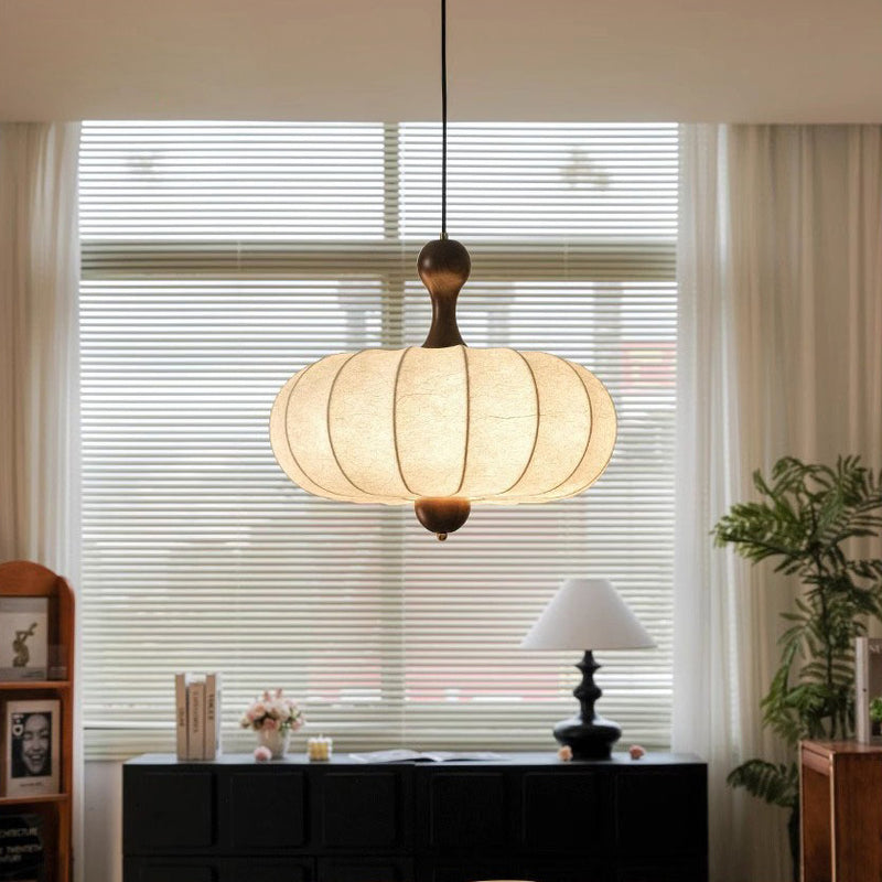 Tela retro contemporánea imitación seda madera forma de calabaza lámpara colgante de 3/5 luces para sala de estar 