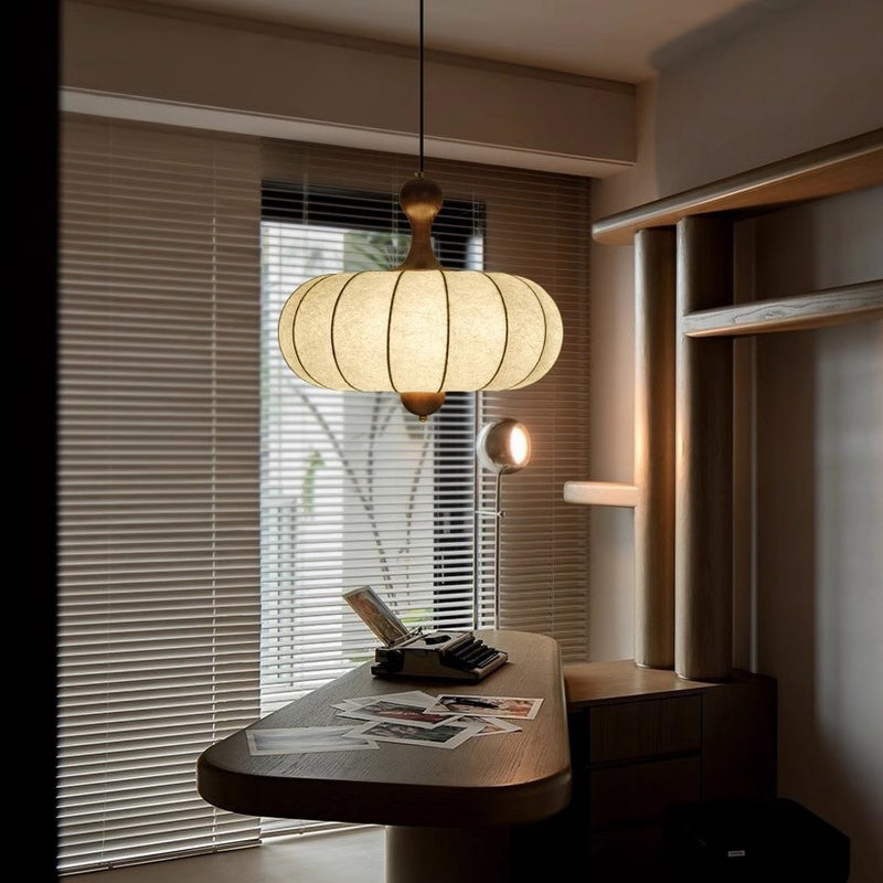 Tela retro contemporánea imitación seda madera forma de calabaza lámpara colgante de 3/5 luces para sala de estar 