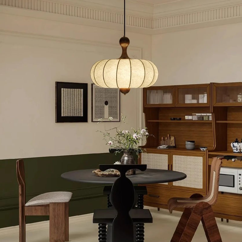 Tela retro contemporánea imitación seda madera forma de calabaza lámpara colgante de 3/5 luces para sala de estar 