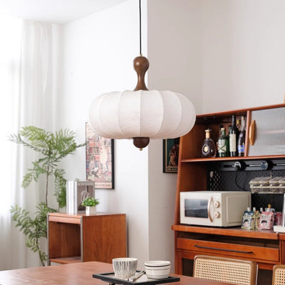 Tela retro contemporánea imitación seda madera forma de calabaza lámpara colgante de 3/5 luces para sala de estar 