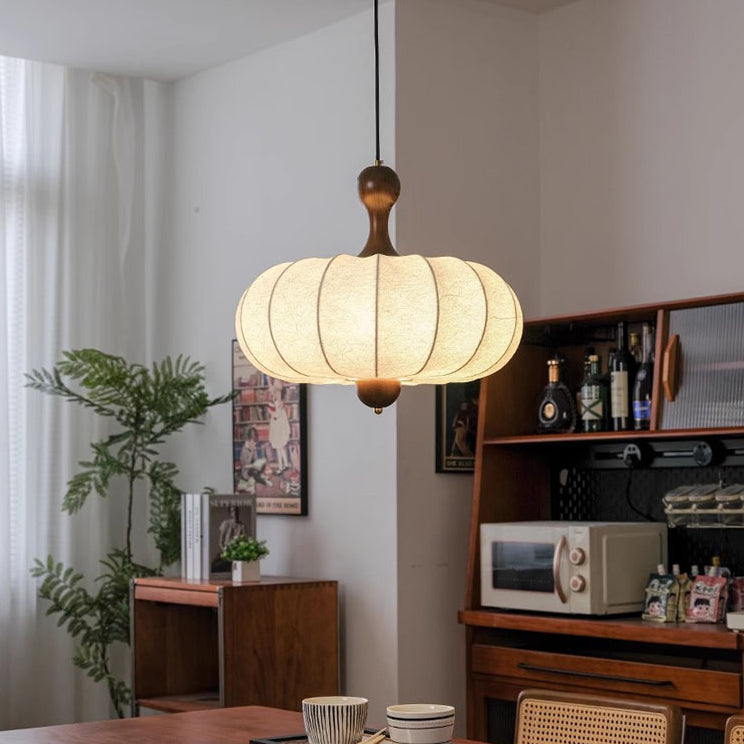 Tela retro contemporánea imitación seda madera forma de calabaza lámpara colgante de 3/5 luces para sala de estar 