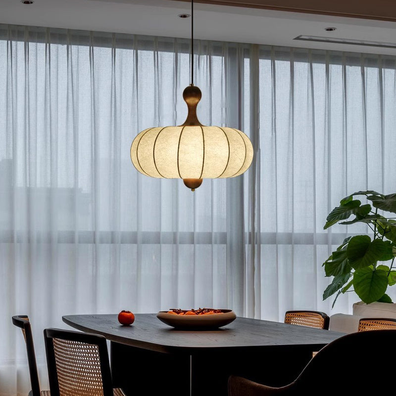 Tela retro contemporánea imitación seda madera forma de calabaza lámpara colgante de 3/5 luces para sala de estar 